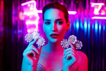 RK888 Slots — Thousands of exciting themes and jackpots A stylish woman beside vibrant slot machines displaying glowing sevens, showcasing the variety of top slots at RK888.
