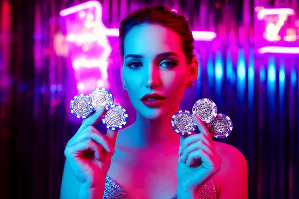 RK888 Slots — Thousands of exciting themes and jackpots A stylish woman beside vibrant slot machines displaying glowing sevens, showcasing the variety of top slots at RK888.
